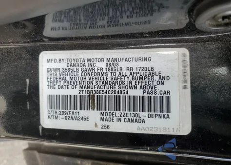 2004 Toyota Corolla Ce из США, поврежденный, VIN 2T1BR38E54C204854